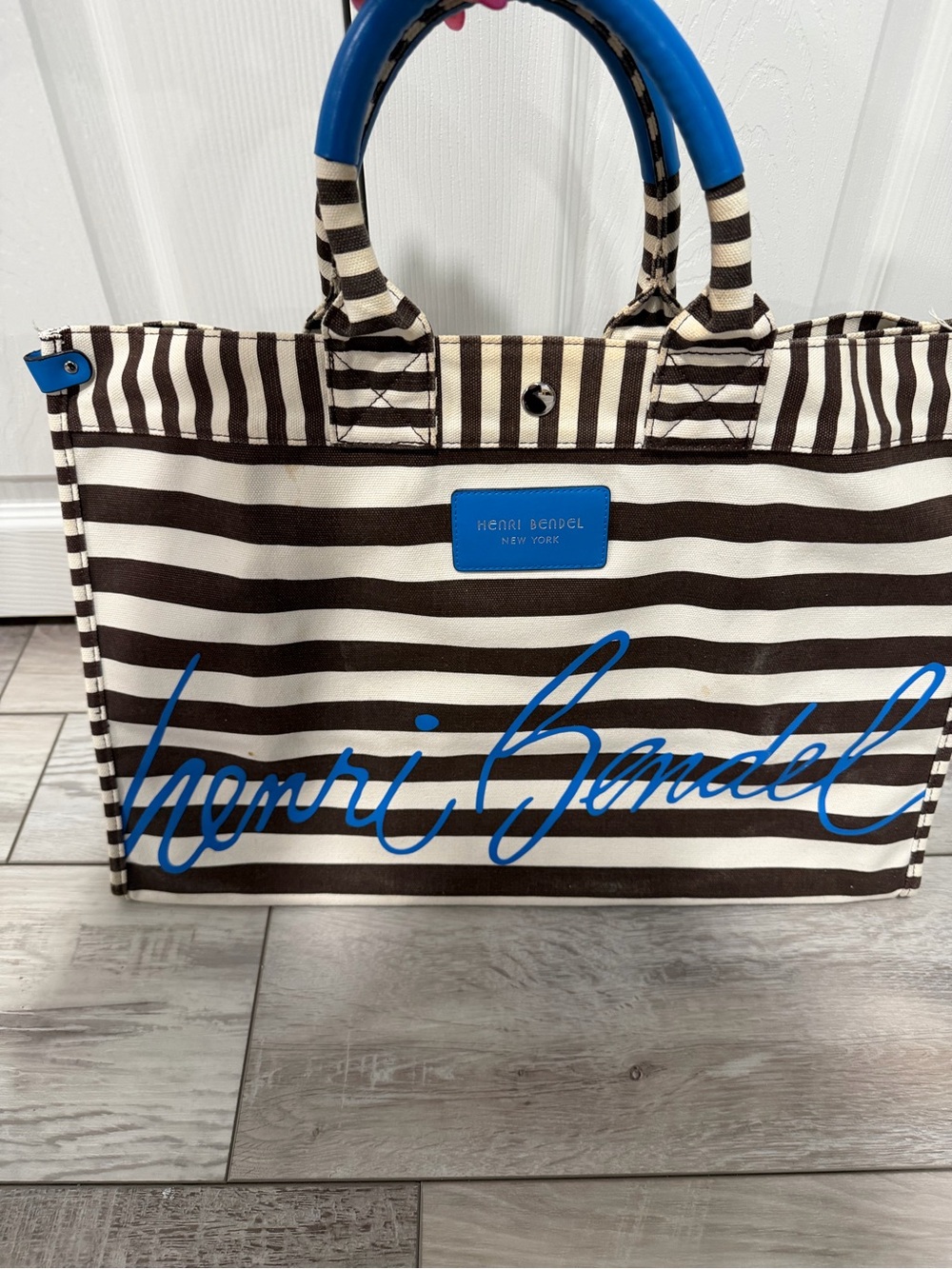 henri bendel Brown and White Striped Tote with Blue Script